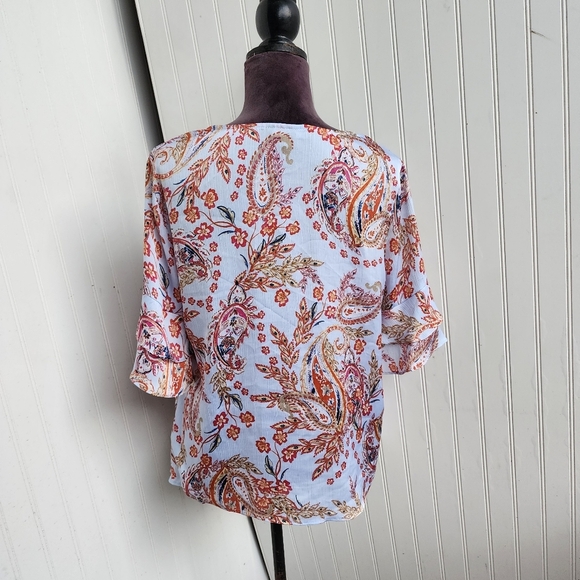 Zac & Rachel Light Blue Red Paisley Top  V-Neck Tunic Blouse Satin Bell Flare M - Picture 11 of 11